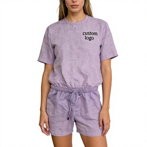 Women's <b>Linen</b> Short Sets Custom Personalized Crew Neck T Shirts and Drawstring Waist Shorts Casual Short Sets - Product Image 4