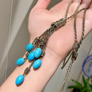 Collier à pampilles goutte d'eau turquoise, plaqué argent antique, chaîne de pull pour femme, bijoux de fête - Product Image 4