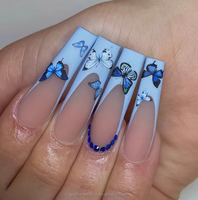 Faux ongles en acrylique mat de forme carrée, longs, style français, entièrement recouvrants, avec strass, à presser, design personnalisé