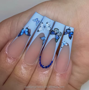 <span class=keywords><strong>Uñas</strong></span> Postizas Acrílicas Mate <span class=keywords><strong>de</strong></span> Diseño Personalizado, Estilo Francés, Forma Cuadrada, Largas, con Pedrería, <span class=keywords><strong>Uñas</strong></span> a Presión - Product Image 4