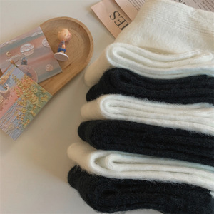 Women Fuzzy <b>Socks</b> Mid Calf Cotton White <b>Black</b> Solid Color Warm Breathable Autumn Winter <b>Socks</b> - Product Image 3