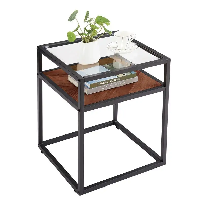 Tempered Glass Top Mesa de cabeceira Prateleira 2-Tier End mesa de cama pequeno café Accent vidro mesa lateral