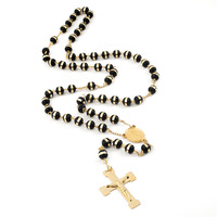 Perles noires en acier inoxydable croix pendentif bijoux or catholique chapelet prière collier Crucifix chapelet collier