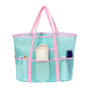 Grand sac fourre-tout de plage en maille brodée de couleur unie, sac à bandoulière portable en polyester avec poche zippée pour le shopping et les voyages - Product Image 6