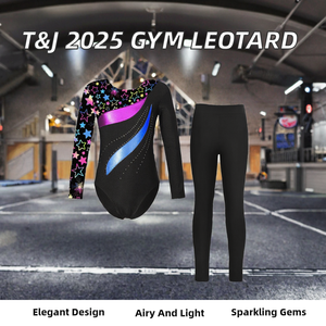 Justaucorps de gymnastique pour filles avec imprimé étoiles, body noir à manches longues et ensemble de leggings courts croisés, à porter en toutes saisons - Product Image 2