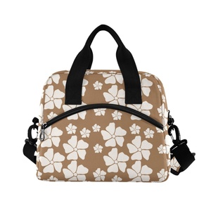 Hawaiian Brown/<b>White</b> Floral Design Adults Water Resistant Nylon <b>Small</b> Lunch Cooler <b>Bags</b> Custom Lunch <b>Bag</b> with Shoulder Straps - Product Image 2