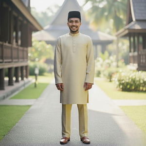 Melayu SIPO Malasia festivo rojo mandarín Collar Kurta con sombrero negro, camino de grava y vegetación lu-sh por <span class=keywords><strong>casa</strong></span> de madera tradicional. - Product Image 1
