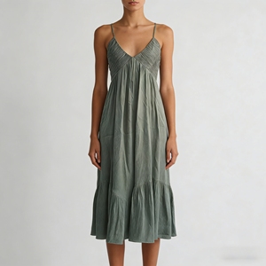 Robe longue vert sauge personnalisée pour femme, col en V, bretelles spaghetti, corsage froncé, ourlet à volants, imprimé numérique, élégante, tenue décontractée d'été - Product Image 1