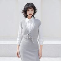 Ensemble de tenues pour femmes personnalisées en 2 pièces, tricot sans manches, col en V, veste ample, jupe midi moulante, robes en tricot