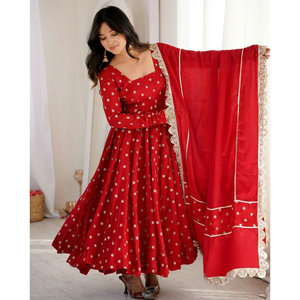 <b>Red</b> Banarasi Heavy Embroidered Anarkali Suits & Gown Full Sleeve Maxi Dress Chinon <b>Silk</b> Quick Dry Feature for Women Party Wear - Product Image 1