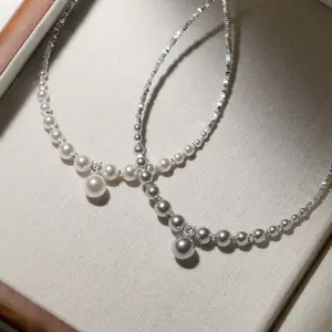 Luxury Wholesale 925 Sterling Silver Cubic Zircon White Gray Synthetic Pearls Choker Necklaces Fine Jewelry