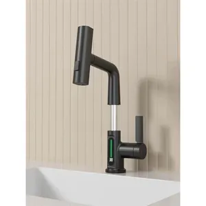 Robinet de Lavage au Design Unique Finition Noir Mat Robinet d'Eau Chaude Froide à Pluie Salle de Bain Mélangeur de Lavabo avec Affichage de la Température