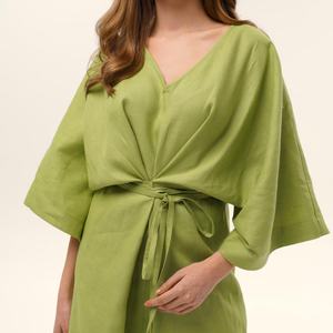 Vestido de Lino Elegante para Mujer, Estilo Veraniego, Cuello en V, con Volantes, Midi, Holgado, Cintura Alta, Casual, para Damas - Product Image 3