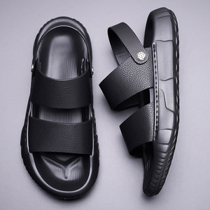 Men's Genuine Leather <b>Slides</b> Soft Sole Open Toe Casual Summer Sandals EVA Outsole Rubber Midsole - Product Image 1