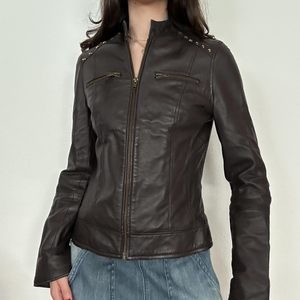 Blouson Moto Femme Personnalisé en Similicuir Marron Manches Longues Style Motard 2026 - Product Image 4