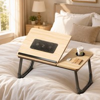 Table de bureau pour ordinateur portable avec double ventilateur de refroidissement, pliable, réglable sur 5 niveaux, plateau en bois, cadre métallique, plateau de lit/Canapé avec porte-gobelet