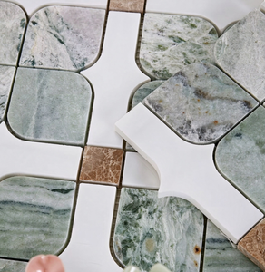 Mẫu gạch mosaic đá cẩm thạch xanh tự nhiên cắt bằng máy phun nước cao cấp, khảm đá trắng nâu, họa tiết tùy chỉnh, dùng cho phòng tắm, nhà bếp, ốp tường.