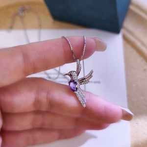Collier pendentif petit oiseau en argent sterling 925 avec cristal, pierre naturelle taille poire 5*7mm, bijoux personnalisés - Product Image 3