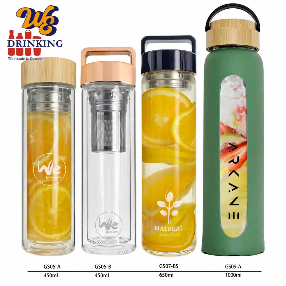 GS07-B 500 מ""ל 650 מ""ל 1 ליטר לניקוי רעלים של תה חם קר בקבוק מים מזכוכית עם מכסה ידית ומסננת