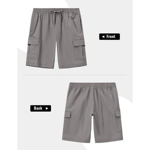 Shorts cargo pour hommes, taille élastique 9 pouces, cordon de serrage, gris uni, bermudas pour le travail, été, mélange de coton extensible, taille moyenne - Product Image 6