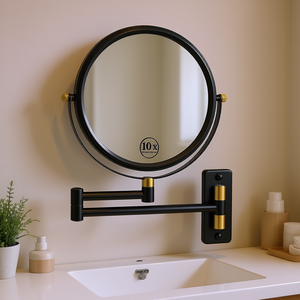 Espejo de maquillaje montado en la pared, redondo, negro y dorado, de 8 pulgadas, aumento de 1X y 10X, brazo de extensión giratorio de doble cara - Product Image 2