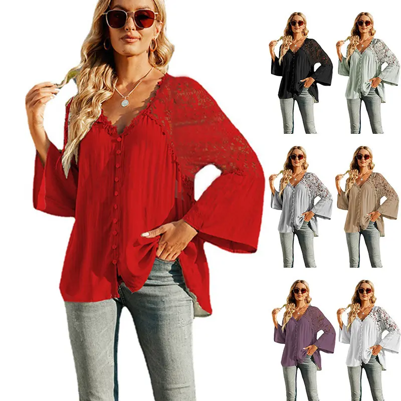 2022 Fashion Long Sleeve Lace Loose deep v neck Women Tops Elegant Blouses and T Shirts