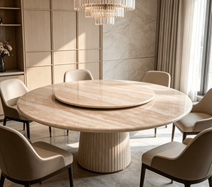 โต๊ะอาหารทรงกลมหินอ่อนสีเบจพร้อมถาดหมุนแบบ Lazy Susan เฟอร์นิเจอร์รับประทานอาหารสไตล์โมเดิร์นสำหรับบ้านและวิลล่า - Product Image 6