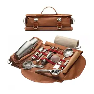 Camol Factory 17-Piece Bartender Kit Stainless Steel Bar Kit with Portable Canvas Travel Bag Brown Cocktail Boston Shaker Set