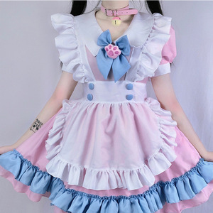 Vestido de Sirvienta Talla Grande, Estilo Lolita Rosa y Azul, con Lazo, Delantal con Diseño de Pata de Gato, Falda en Línea A, Cintura Natural, Cuello Peter Pan, Tallas S a 4XL - Product Image 1