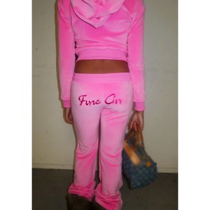 Custom <b>Zip</b> <b>up</b> <b>Crop</b> Women Velvet Hoodie and Sweat Suit Jogger Two Piece Set 3D Embroidery logo pink Velvet Tracksuits for Women - Product Image 3