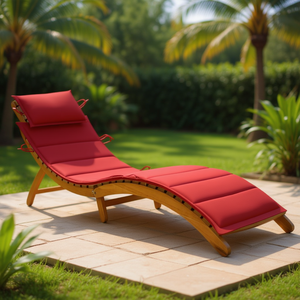 Chaise longue en bois d'acacia avec coussin rouge, mobilier de patio extérieur, design moderne, style contemporain, inclinaison manuelle, pieds effilés - Product Image 2