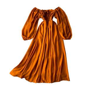 Femmes Slash cou à manches longues robe mi-longue femme jaune/rouge/rose taille haute à volants grande balançoire robes en mousseline de soie mode grande balançoire - Product Image 1