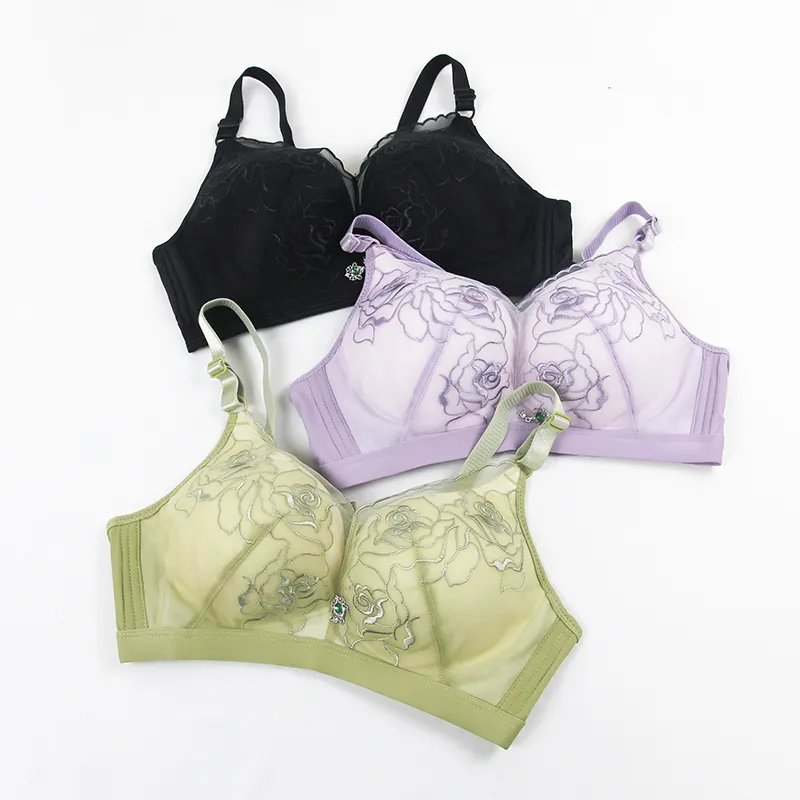 Wholesale Ladies sexy breast without bra No Wire Push-up Printed Bra Women bra with embroidery