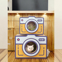 Griffoir pour chat classique rétro en forme d'appareil photo, en carton ondulé, avec trou pour la caméra, lit et maisonnette cachette, sans désordre