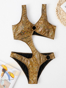 2022 Ins estilo moda mujer traje de baño Sexy cuello en V ahueca hacia fuera una pieza <span class=keywords><strong>Bikini</strong></span> oro Sexy aro decorar mono ropa de playa - Product Image 5