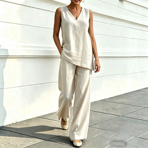 Women's Casual V-neck Sleeveless Cotton <b>Linen</b> Top And Wide Leg Pants Two Piece <b>Set</b> Smlxlxxl3xl Solid Color - Product Image 2