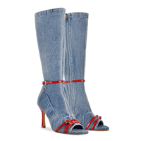 Bottes en jean pour femmes à bout ouvert, hauteur genou, avec boucle rouge décorative, fermeture éclair latérale, talon aiguille, pour soirée et mode
