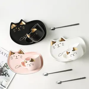 UCHOME Ins-taza de café de cerámica nórdica para gatos, con cuchara y platillo, taza de desayuno
