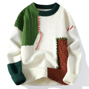 Suéter coreano de hombre de moda, con diseño de patchwork, suéter holgado con contraste de color, abrigo térmico de otoño e invierno, poliéster transpirable - Product Image 3