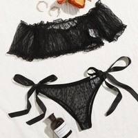 Europees-Amerikaanse plus size off-shoulder full cup sexy lingerie kant ademende bikini tweedelige doorschijnende set