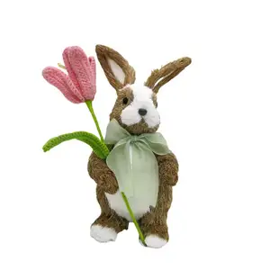 2024 Handmade Spring Blossom Bunny Decoration Adorable Rabbit Figurine With Pink Tulip And Satin Bow