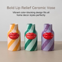 Set Vas Keramik 3D Motif Bibir Warna Ungu Lavender, 3 Buah, Dekorasi Unik Bergaris untuk Rumah Bergaya Eklektik Glam, Hadiah Artistik