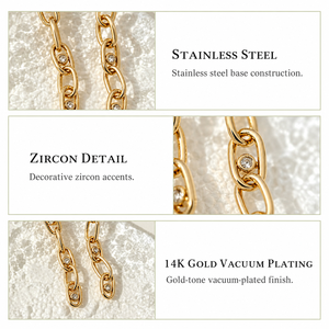 Boucles d'oreilles pendantes en chaîne à maillons en zircon, acier inoxydable plaqué or 14 carats sous vide, couleur or et acier - Product Image 3