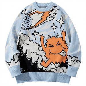 Pull en tricot pour homme à motif de dessin animé, manches longues, bleu clair, orange, imprimé dinosaure, style décontracté d'hiver - Product Image 4