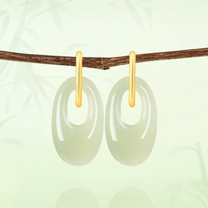 Authentic S925 Sterling <b>Silver</b> Ethnic 18K Gold Plated Earrings Natural Hetian Jade Qing Jade Elegant Stylish Women's Pendant Ear - Product Image 3
