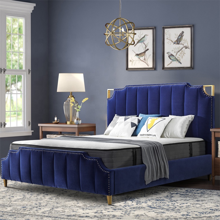 Bedroom luxury royal blue headboard fabric steel frame king queen size bed