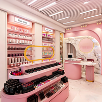 Sweet Luxe Makeup Boutique avec étagères ouvertes superposées personnalisées et stand d'affichage central rotatif éclairé parLED
