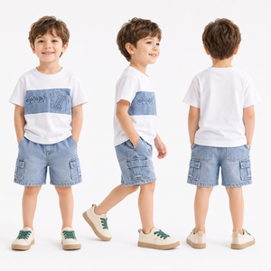 <span class=keywords><strong>Tenue</strong></span> de sport d'été pour garçons de 0 à 6 ans, vêtements d'été élégants et tendance pour bébés, ensemble deux pièces à manches courtes en patchwork denim - Product Image 2