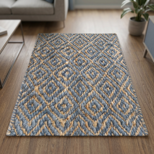 Geometric Flat Weave Jute Area <b>Rug</b> Blue Beige Modern Living Room Rectangle Eco Friendly Spot Clean Low Pile - Product Image 4