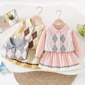 <span class=keywords><strong>Nouvel</strong></span> ensemble tricoté pour filles : <span class=keywords><strong>pull</strong></span> à revers jacquard diamant et jupe – <span class=keywords><strong>Robe</strong></span> de princesse élégante et classique pour enfants - Product Image 1